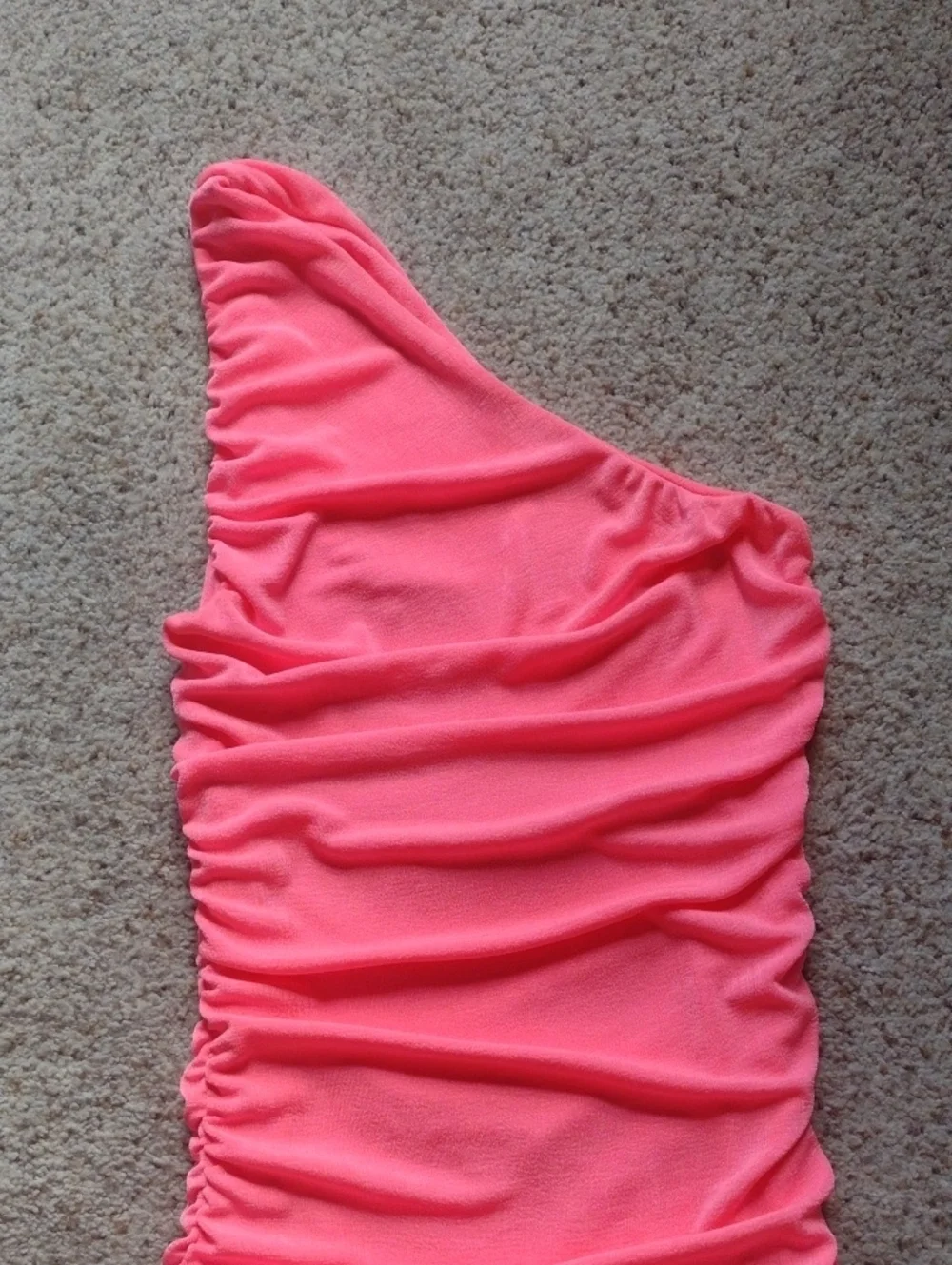 One-Shoulder Ruched Neon Pink Bodycon Dress - Picture 2 of 5